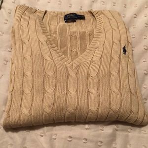 EUC- Ralph Lauren  (L) POLO Tan Cotton Cable Knit V-Neck Sweater-Split Sides-